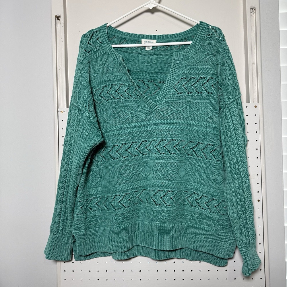 Sundance Catalog Rita Easy Cable Knit Sweater in Spring Green Sz Large Chunky